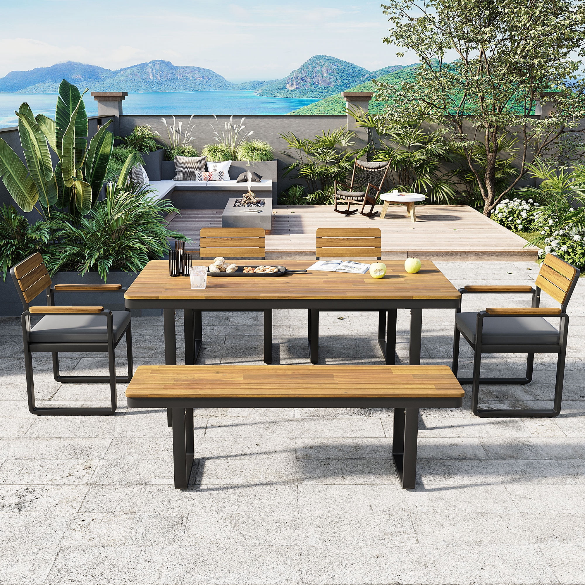 YIORTWO 6-Piece Outdoor Dining Set, Acacia Wood & Steel Patio Furniture for 6-7 Person, 1 Dining Table 4 Cushioned Chairs & 1 Bench, Gray