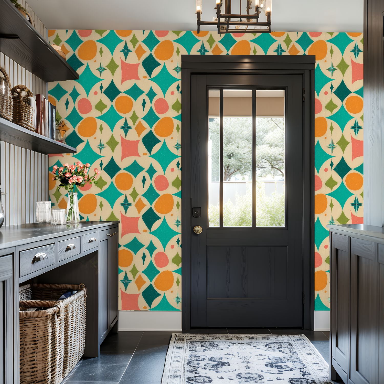 Peel and Stick Wallpaper Mid Century Modern retro stars Wall Mural 17.7in x 9.8ft Self Adhesive Removable Wall Paper Renter Friendly Wallpaper for Bedroom Nursery
