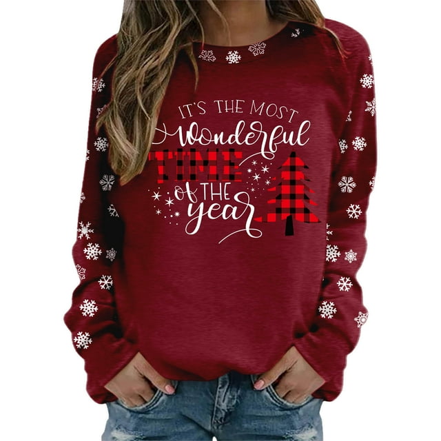 Chandails en Molleton de Noël pour Femmes Imprimé Col Rond Ajusté Hauts Mode Manches Longues Chemises d'Entraînement Blouse Ample Pulls