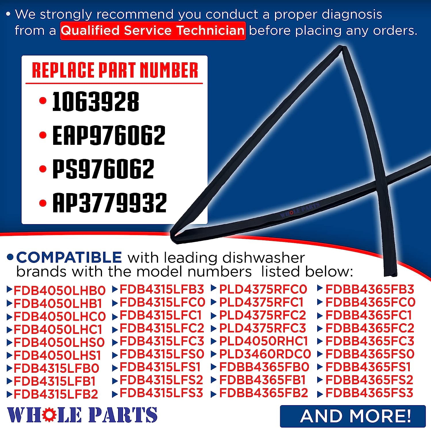 Whole Parts Dishwasher Door Deal Gasket Part# 154528701 - Replacement and Compatible with Some Frigidaire and Kenmore Dishwashers