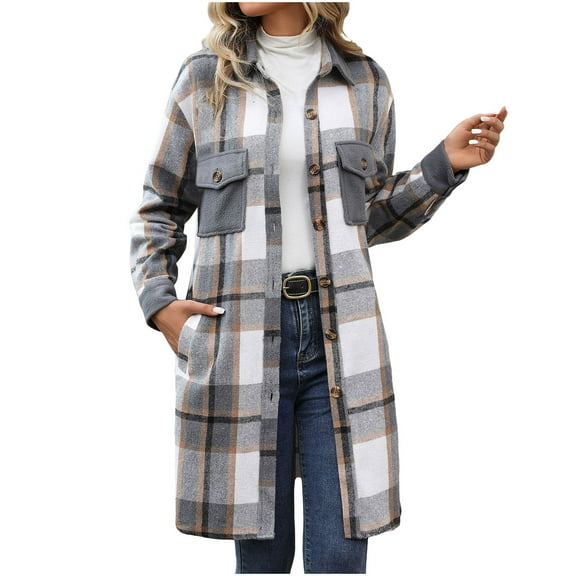 XFLWAM Plaid Shacket Jacket for Women Button Down Long Flannel Shirt Coats Fall Oversized Jackets Casual Shaket Lapel Winter Coats Gray M