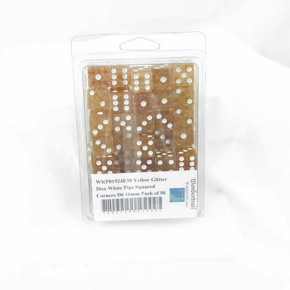 Yellow Glitter Dice with White Pips Squared Corners D6 16mm (5/8in) Pack of 50 Wondertrail