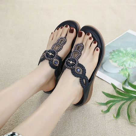 

Homadles Women Flat Sandals- on Clearance Beach Flats Rhinestone Bohemian Comfort Round Toe Sandals Blue Size 7