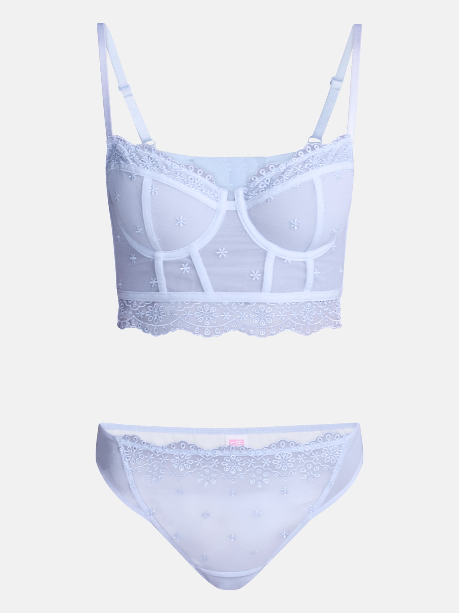 No Boundaries Embroidery Lace Bustier and Thong Panties Set, 2 Piece, Women’s XS-XXXL