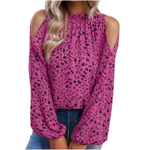 IROINNID On Sale Polyester Long Sleeve T Shirt for Women Comfortable Summer Floral Printing Round Neck Cold Shoulder Tops Loose Blouses,Hot Pink