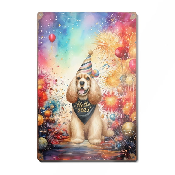 Hello 2025 Cocker Spaniel Celebrates Happy New Year Firework Balloon Vertical Metal Aluminum Sign Cockers Dog Lover Gifts Wall Art Home Decor - 02024