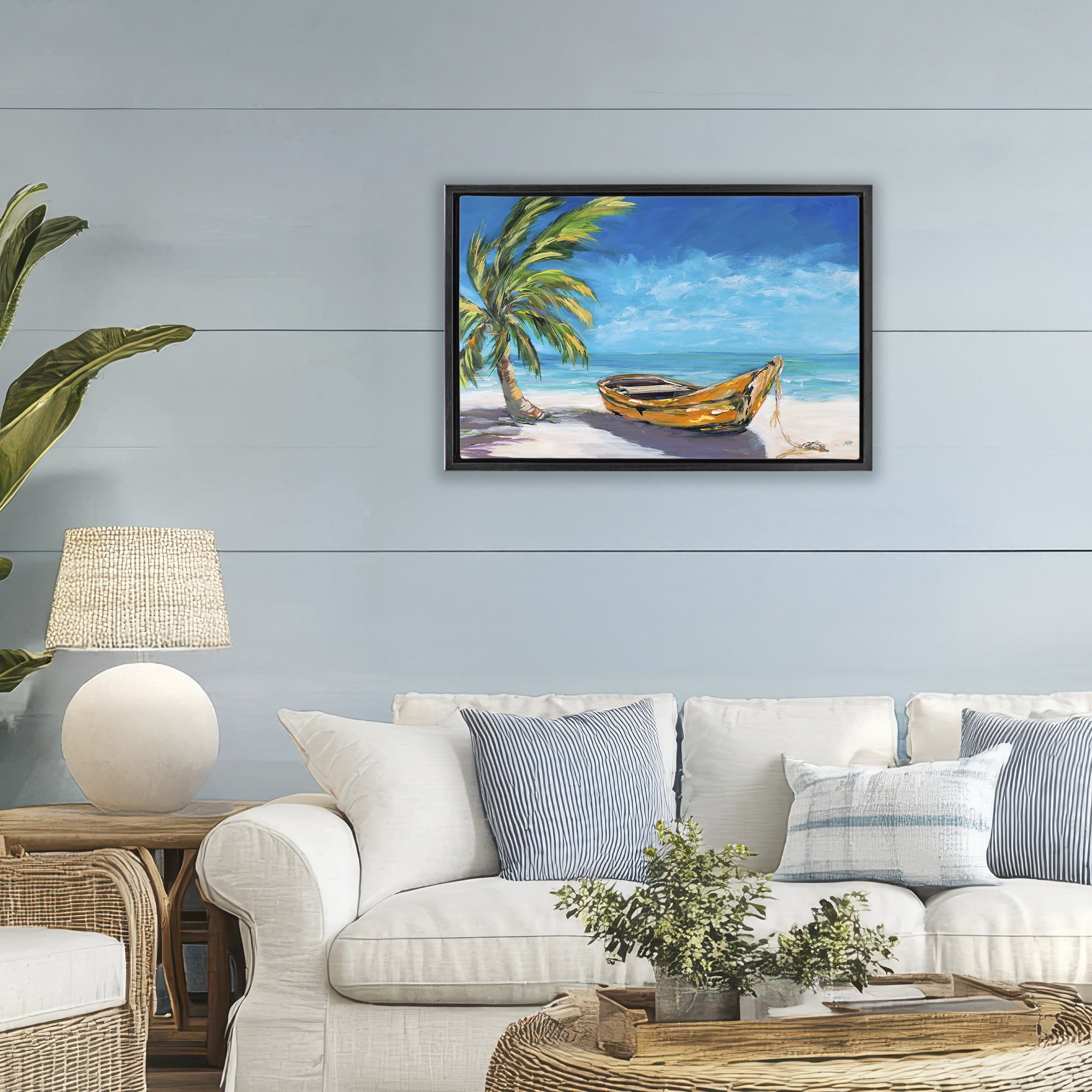Stupell Industries Lost Island Palm & Boat Black Framed Floater Canvas Wall Art, design by Julie DeRice