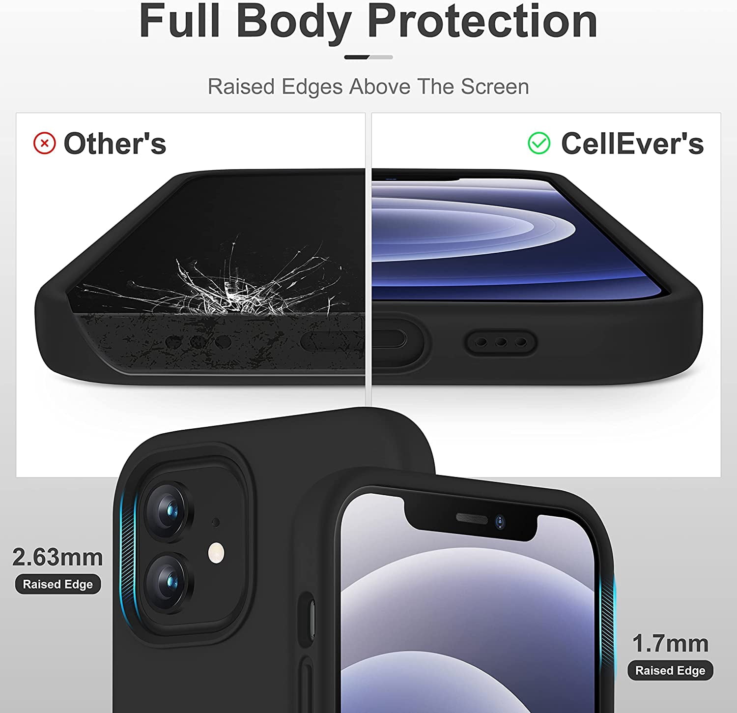 CellEver Heavy-Duty Silicone Case for iPhone 12/12 Pro - Two Shatterproof Glass Screen Protectors, Military Drop Protection, Scratch-Free Interior, Black