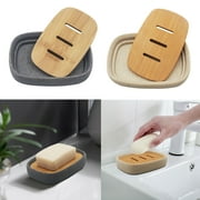 2 Pack Resin Soap Dish with Bamboo Board, Soap Holder for Shower Bathroom Kitchen Sinks, Gray Beige