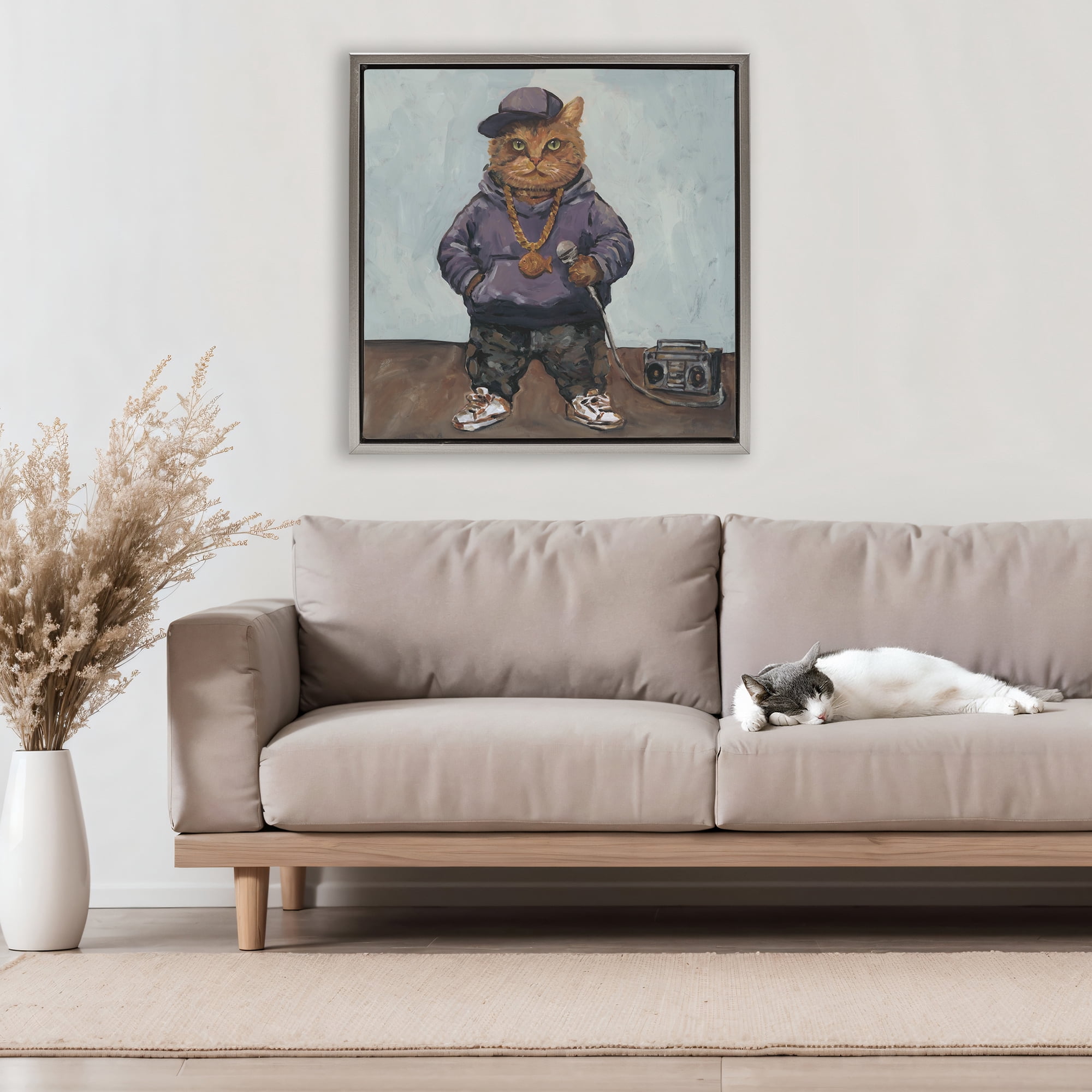 Stupell Industries Urban Hip-Hop Cat Gray Framed Floater Canvas Wall Art, design by Studio Bautista