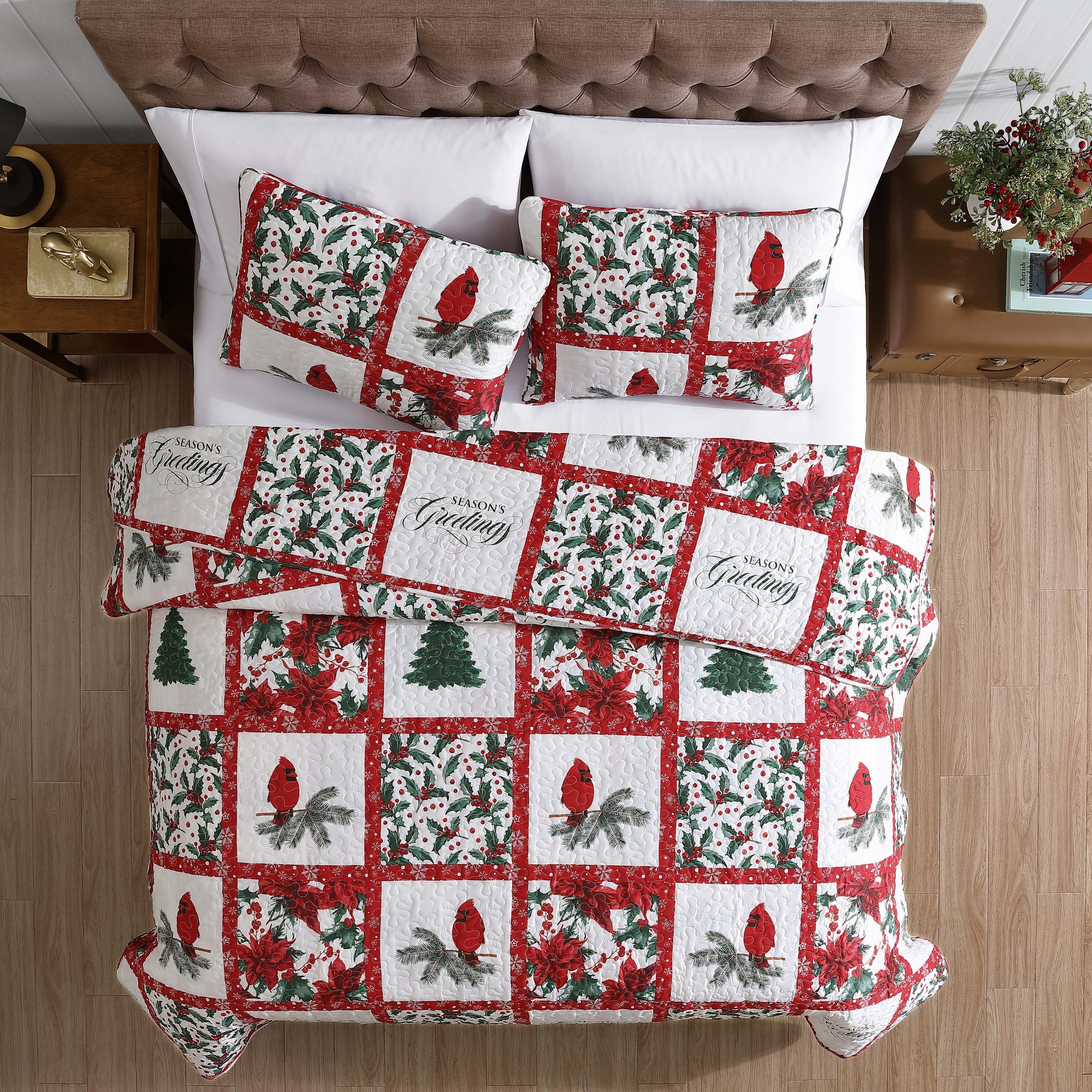 Beatrice Home Fashions, Holiday 3PC Quilt Set, King, Mistletoe Patchwork