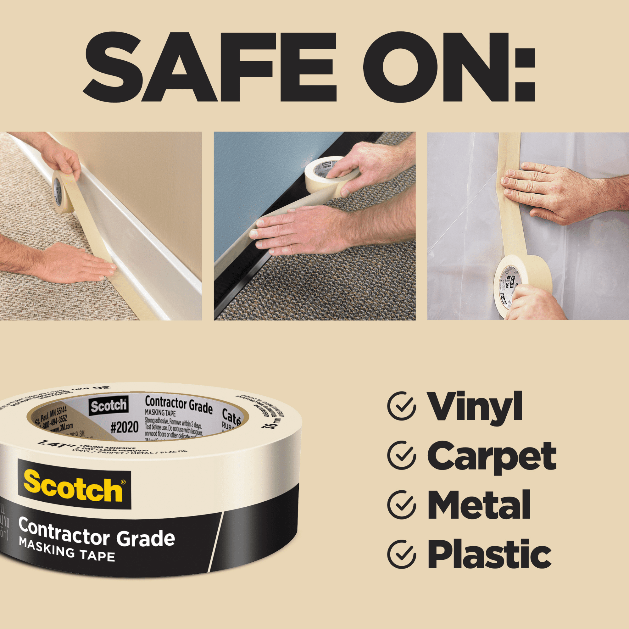 Scotch Contractor Grade Masking Tape (2020): 1.88 in. x 60 yds. (Tan) [3 Rolls]
