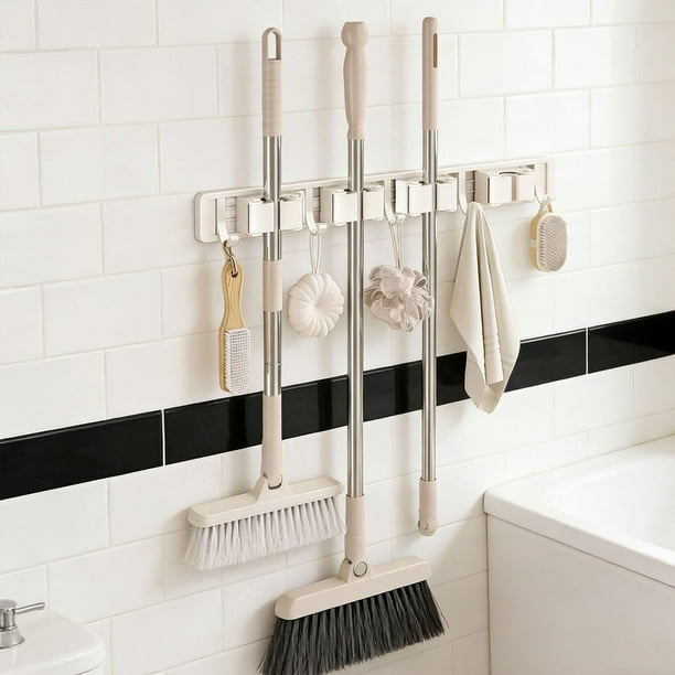Soporte para trapeador y escoba, colgador de trapeador y escoba de acero al carbono, fácil de usar, resistente, para montaje en pared, antideslizante, 4 estantes 5 ganchos