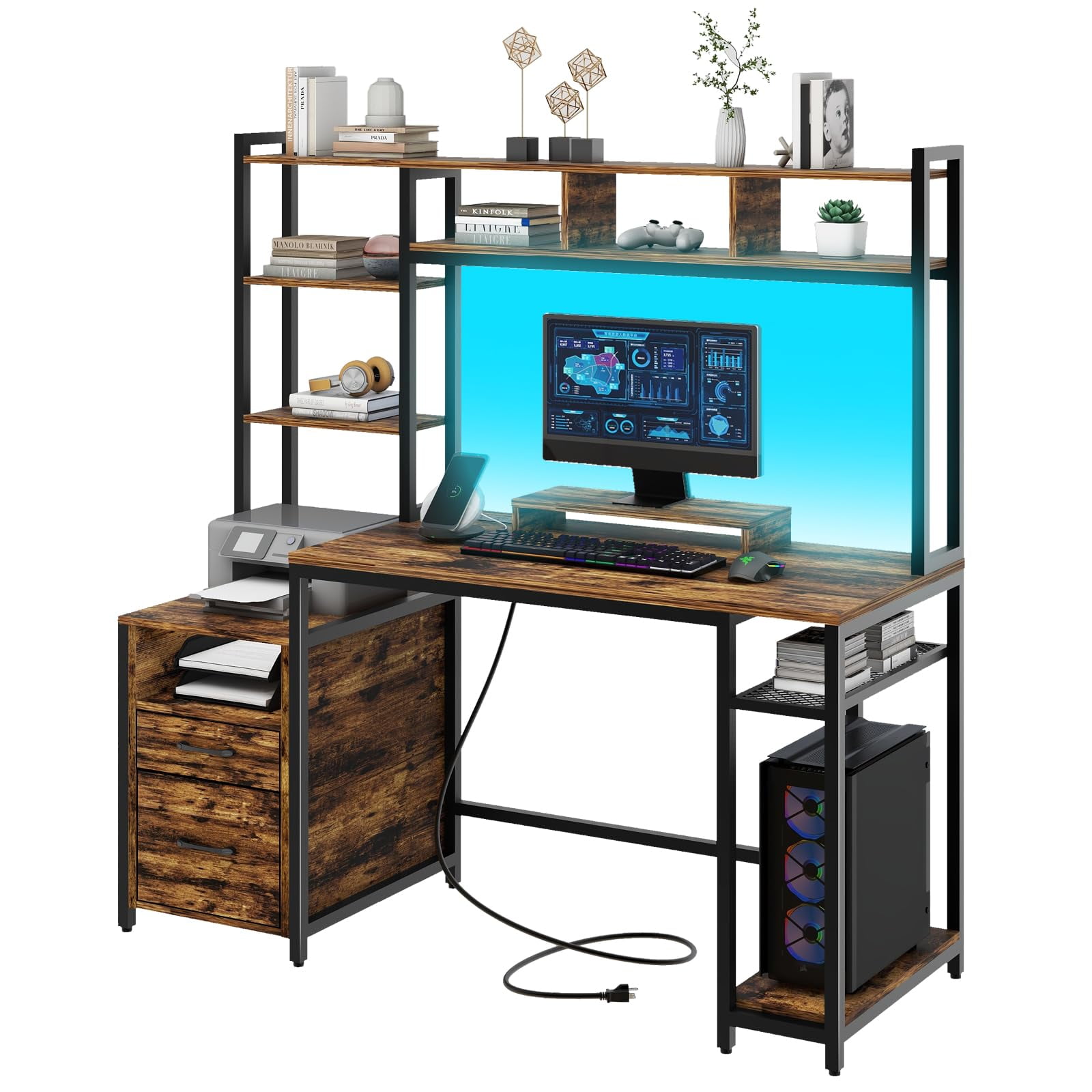 59" Home Office Desk with LED Lights and Power Outlets, Gaming Desk with Drawers and Shelves, Rustic Brown Finish