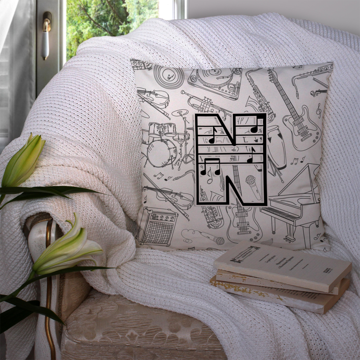 Monogram Letter Musical Note Fabric Decorative Pillow