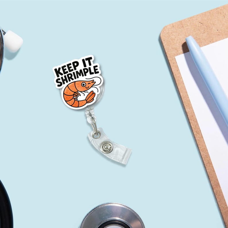 TiniDecor Keep It Shrimple Nurse Badge Reel, Orange Retractable ID Holder, Funny Gift for RN, Med Student