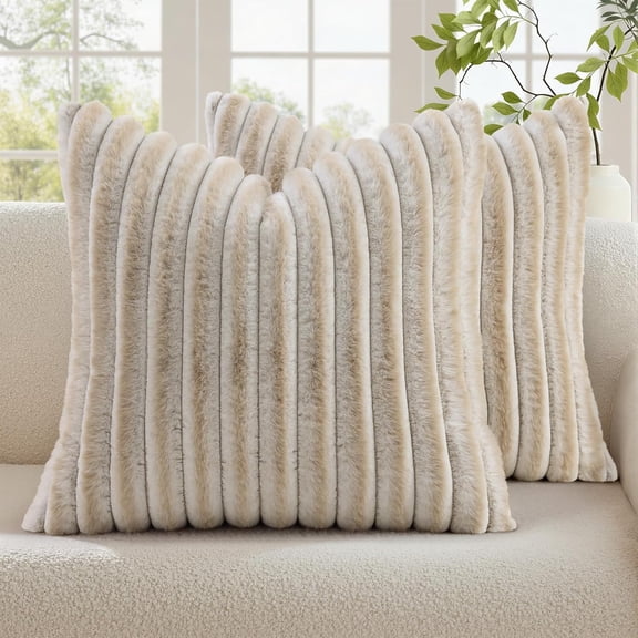 decorUhome Throw Pillow Covers 18x18 inch Set of 2, Faux Fur Plush Decorative Pillow Covers, Soft Fluffy Striped Pillowcases for Bed and Sofa, Light Beige & White