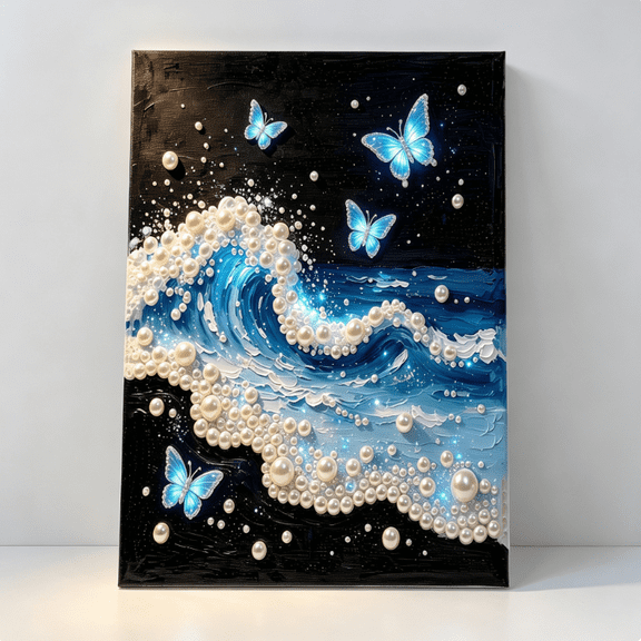 Diamond Art Kits for Adults, 5D Pearl Diamond Painting Kit, DIY Wall Art Ocean Wave with Lifelines Dot by Letter, Pearl Decor