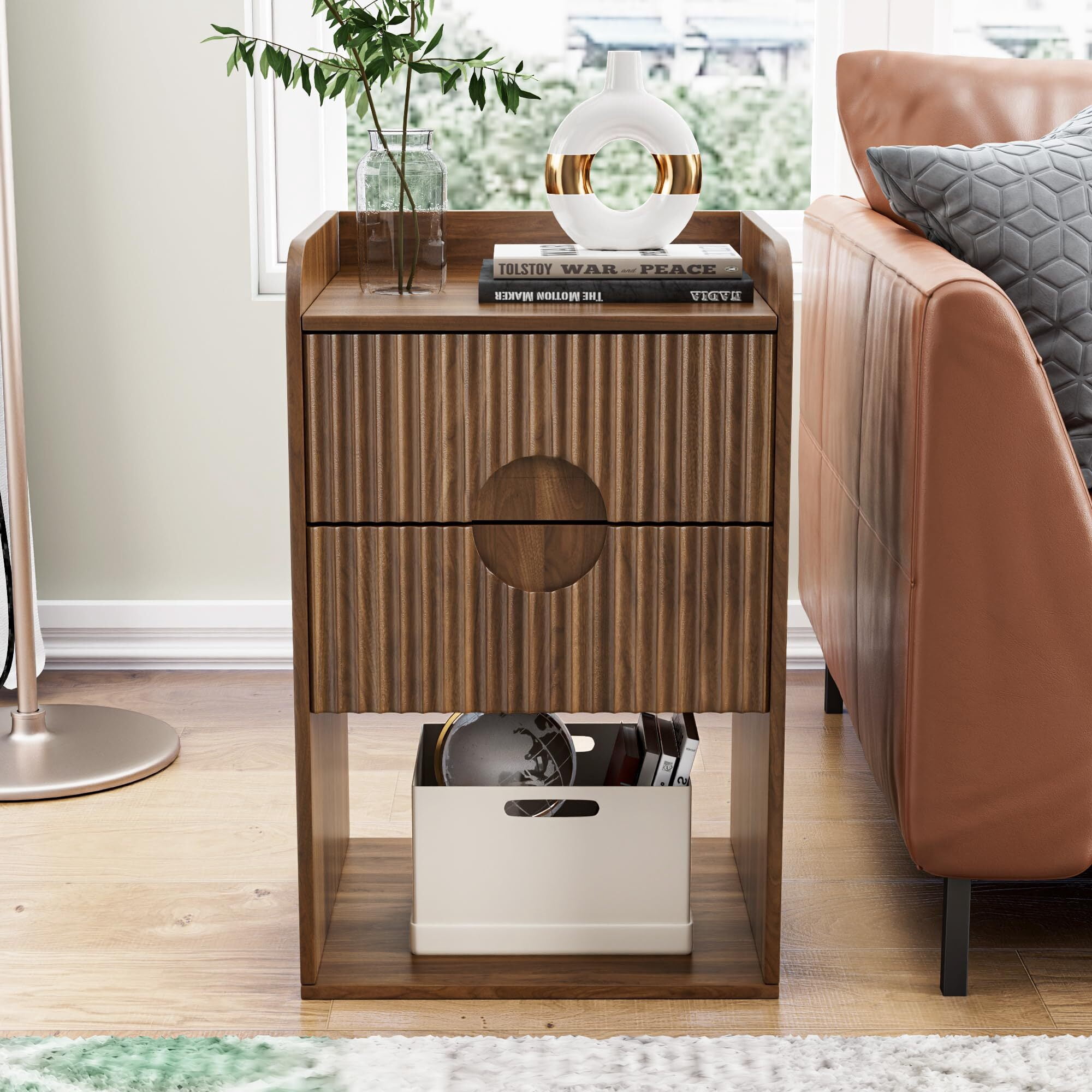 Fluted Nightstand Set of 2, Mid Century Bedside Tables with Drawer & Storage, Small End Tables for Bedroom, Walnut