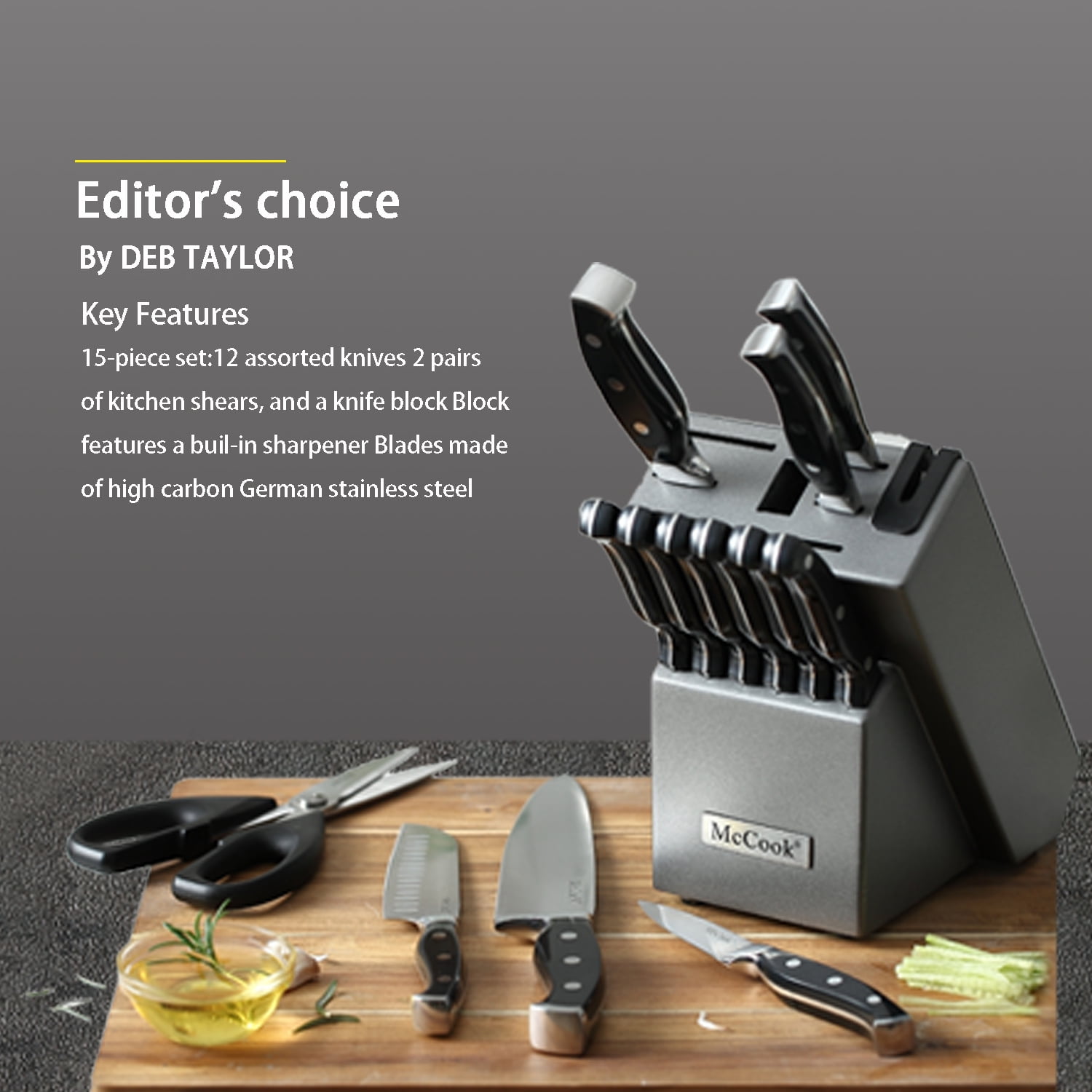 McCook MC29 15-Piece Kitchen Cutlery Knife Block Set Built-in Sharpener  Stainless Steel