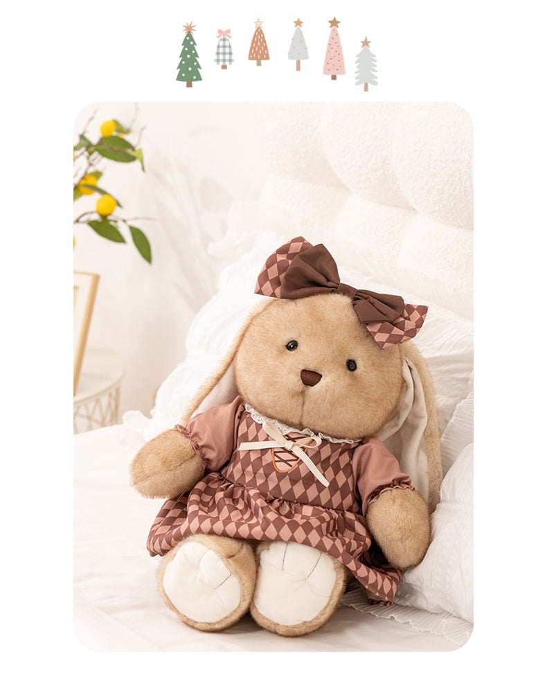 14/18in Vintage Checkered Dress Bunny Plush Toy for Kids, Soft Stuffed Rabbit Doll with Bow, Cute Decorative Plushie, Available in 2 Sizes