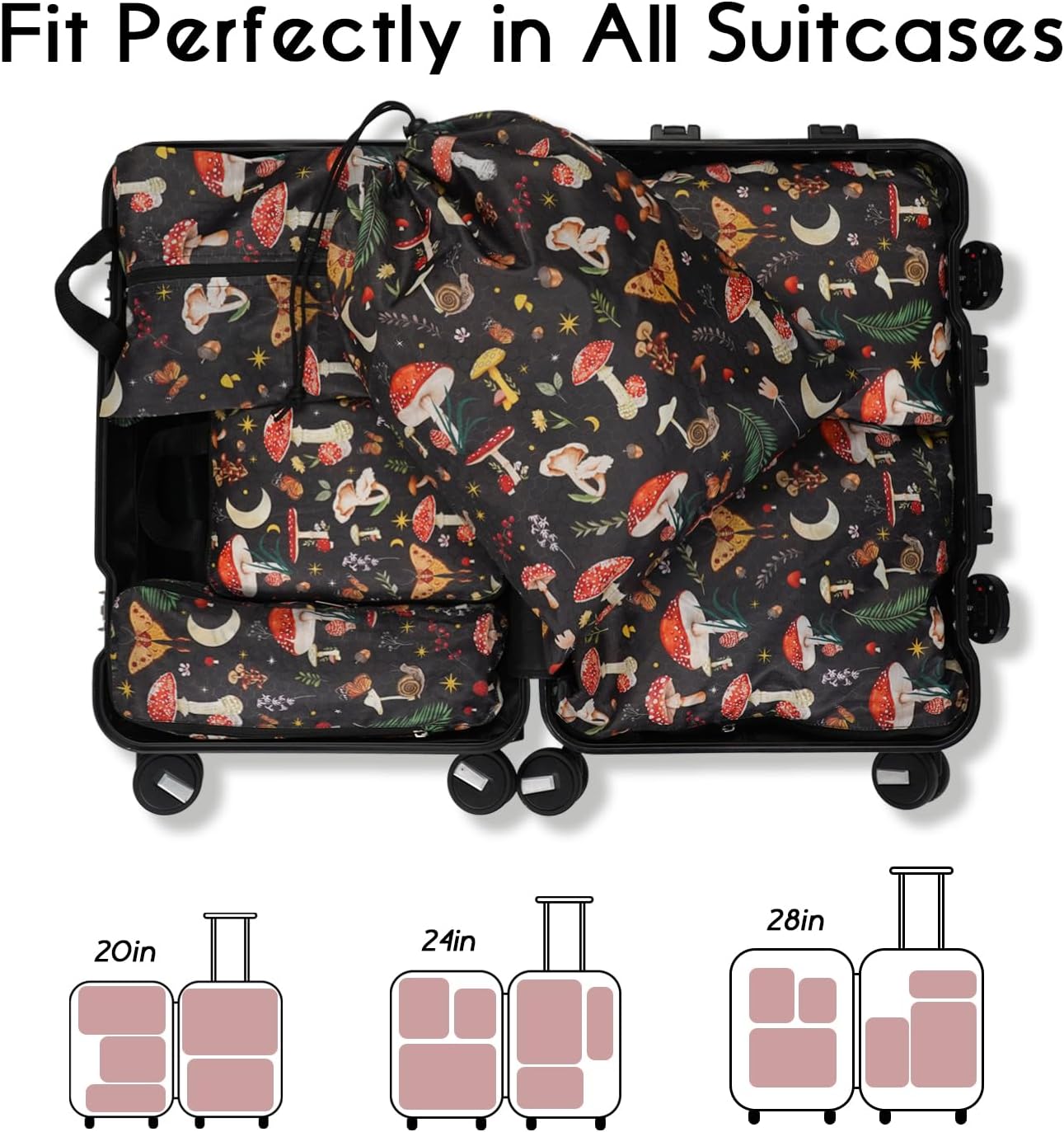 6 Set Compression Packing Cubes for Travel,Packing Cubes for Suitcase Luggage Organizer Bags,Travel Essentials for Carry on Backpack,Ultralight and Waterproof (Mushrooms Black)