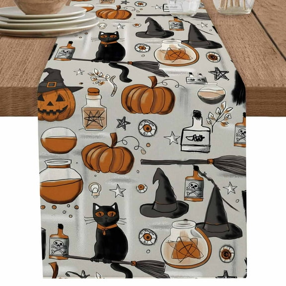 Halloween Table Runner 90 Inches Long for Dining Table Decor,Black Witch Hat Vintage Pumpkin Cat Burlap Linen Farmhouse Table Runner Coffee Table Runners Dresser Scarf for Kitchen Party Holiday