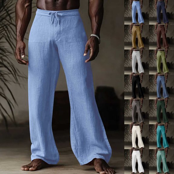 Mens Casual Pants Loose Fit Trousers Leisure Lightweight Drawstring Elastic Waist Straight Wide Legs Pants with Pockets for Summer Beach Yoga Beige L