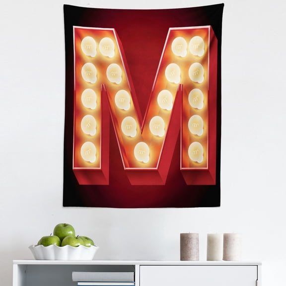 Letter M Tapestry, Vintage Alphabet Group of Old Movie Theaters Casinos Retro Type, Fabric Wall Hanging Decor for Bedroom Living Room Dorm, 5 Sizes, Vermilion Yellow Black, by Ambesonne