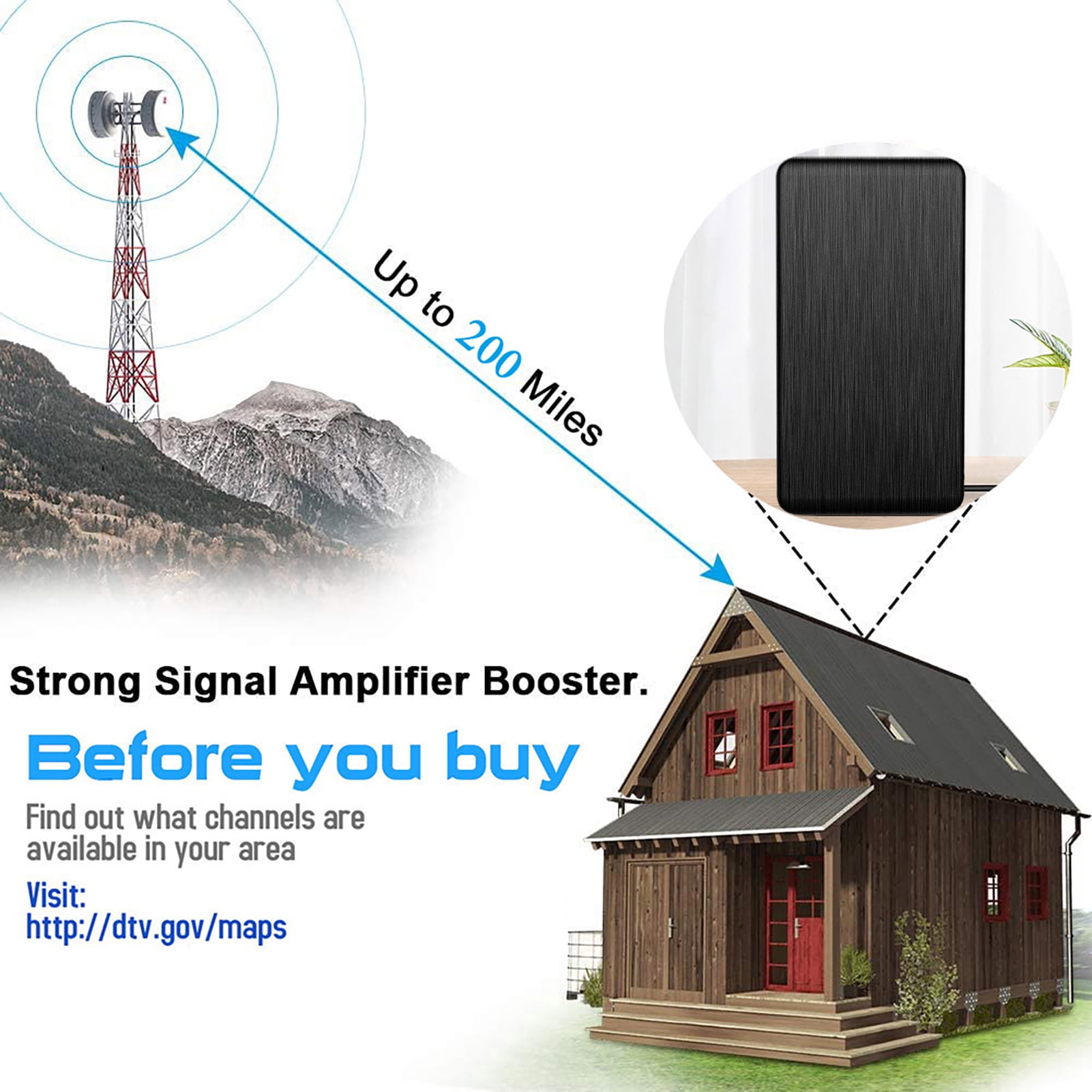 Camkey Outdoor Indoor Digital TV Antenna - 90mi Range with Built-in Amplifier, 33ft Long Coaxial Cable, Supports 4K, HD,1080P, UHF