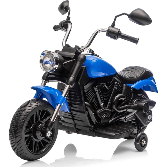 12V Electric Ride-On Motorcycle with Training Wheels, 3-Wheel Design, Forward/Reverse/Pause, LED Headlight, Horn & Music, USB/AUX, 1.5–3.1 mph, 66 lb Capacity,Blue