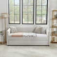 thumbnail image 6 of Twin Size Daybed with Trundle Sofa Bed - Vertical Stripe Linen Upholstery, Beige, Space-Saving Guest Sleeper (82.5x43x30), 6 of 9