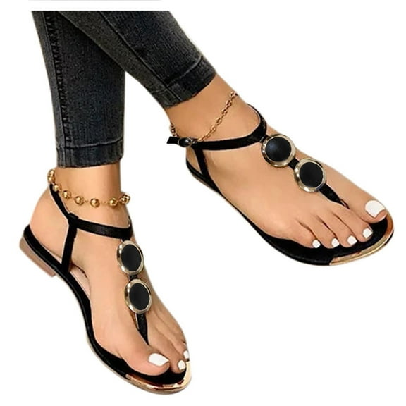 Xfvqtps Womens Thong Flat Sandals T-Strap Metal Decoration Adjustable Ankle Buckle Simple Non Slip Breathable Casual Fashion Summer Beach Leather Flip Flop Black