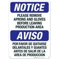 thumbnail image 1 of Remove Aprons And Gloves Before Leaving Production Area Bilingual Sign, OSHA Sign, 10x14 Aluminum, 1 of 1