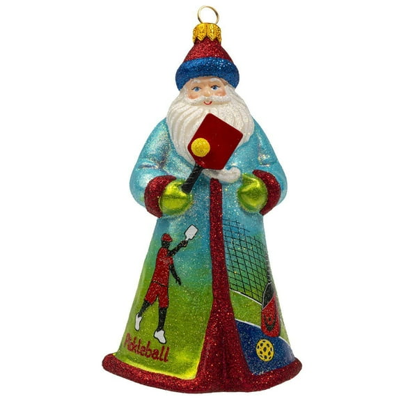 Joy to the World Glitterazzi Pickleball Santa Polish Glass Christmas Ornament