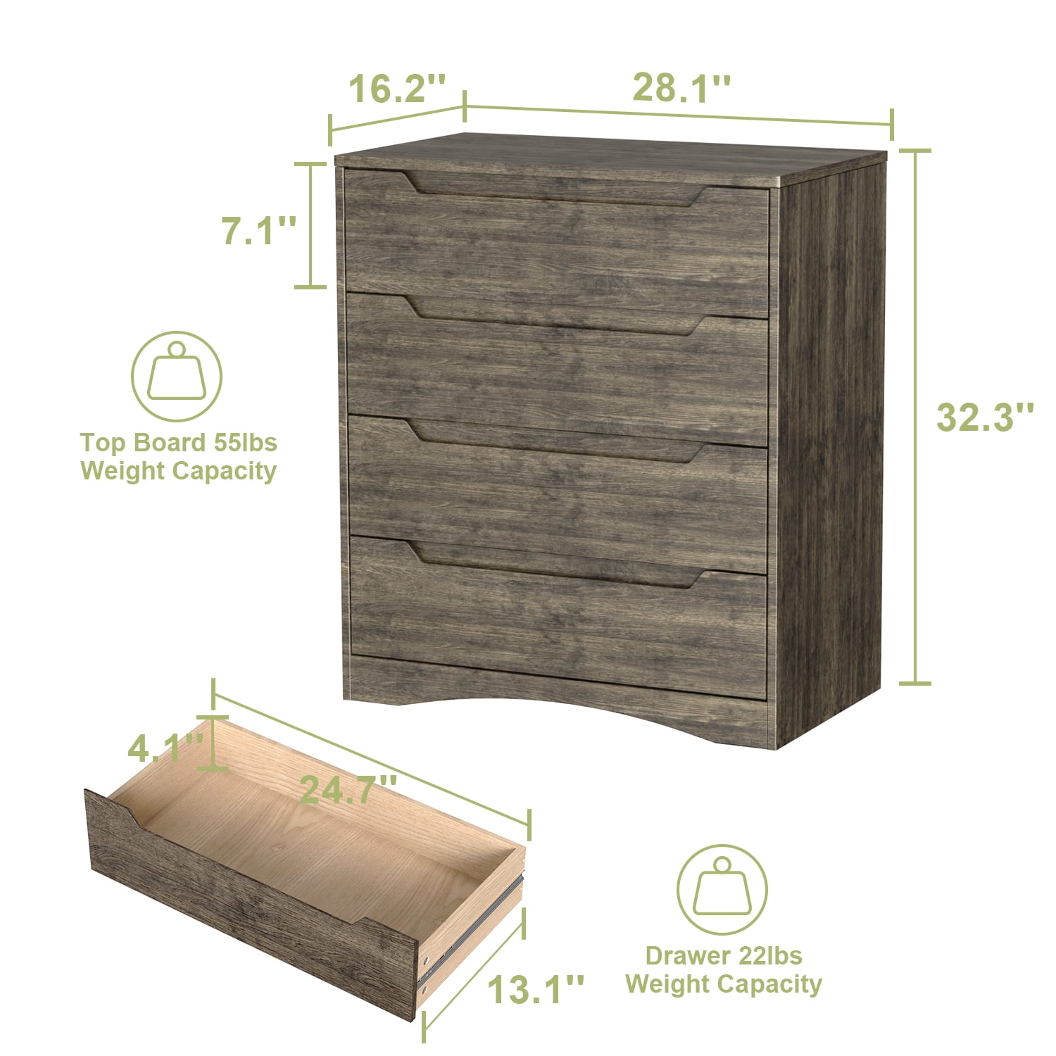 Aiho Dresser with 4 Drawers, Wood Tall Chest, Built-in Handle Drawers for Bedroom, Home, Living Room - Dark Grey