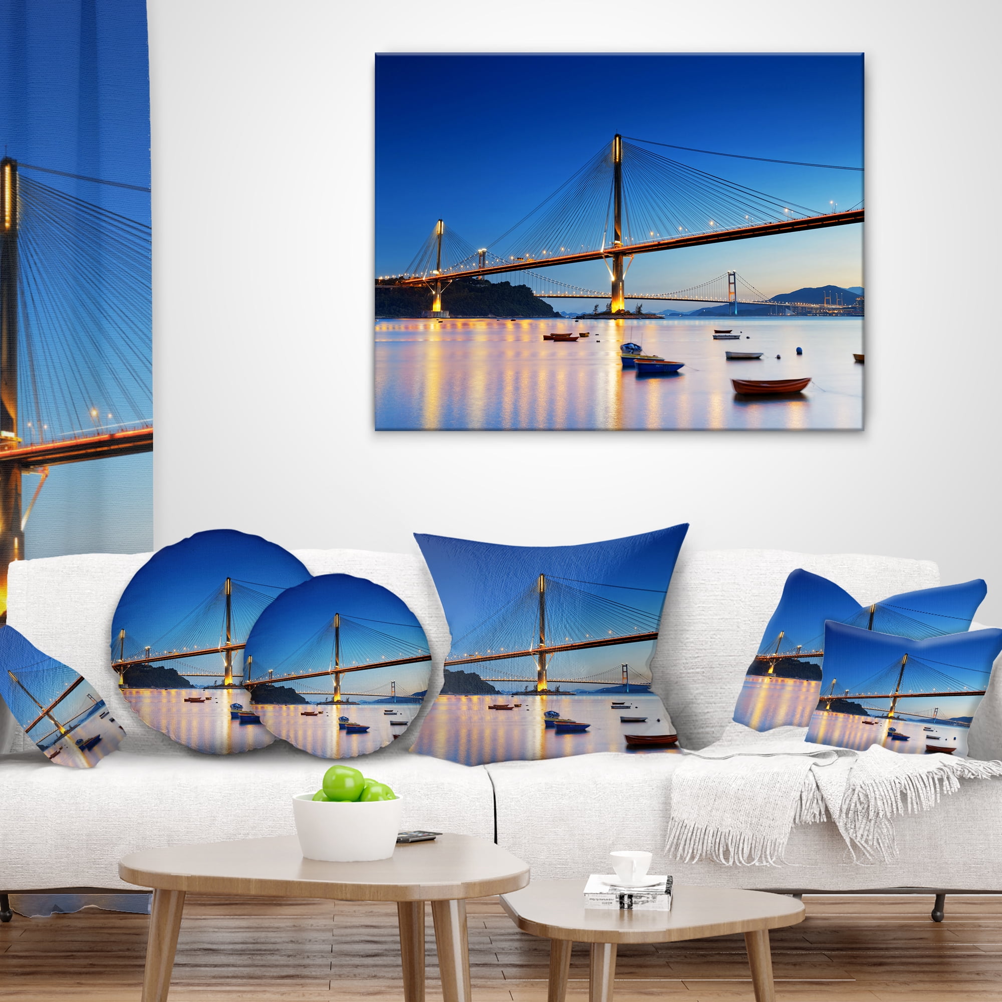 Designart Hong Kong High Bridge at Night - Sea Bridge Throw Pillow - 18x18