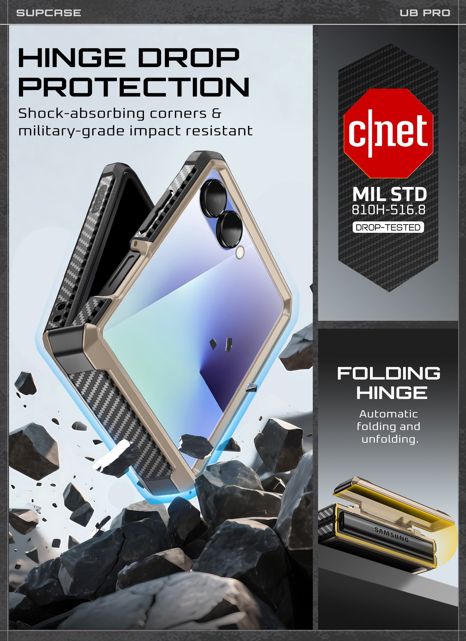 SUPCASE Unicorn Beetle Pro for Samsung Galaxy Z Flip 7 Case with Built-in Stand & Belt-Clip, [Hinge Protection] [Front Tempered Glass Screen Protector] Full Body Military-Grade Phone Cover, Desert