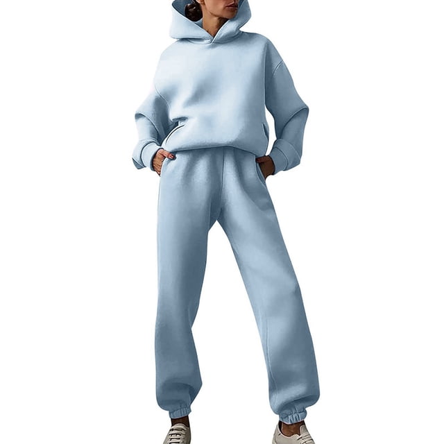 Conjunto de sudadera con capucha y pantalones de color liso para mujer: traje informal de manga larga gruesa con cuello con cordón, mezcla de poliéster y algodón