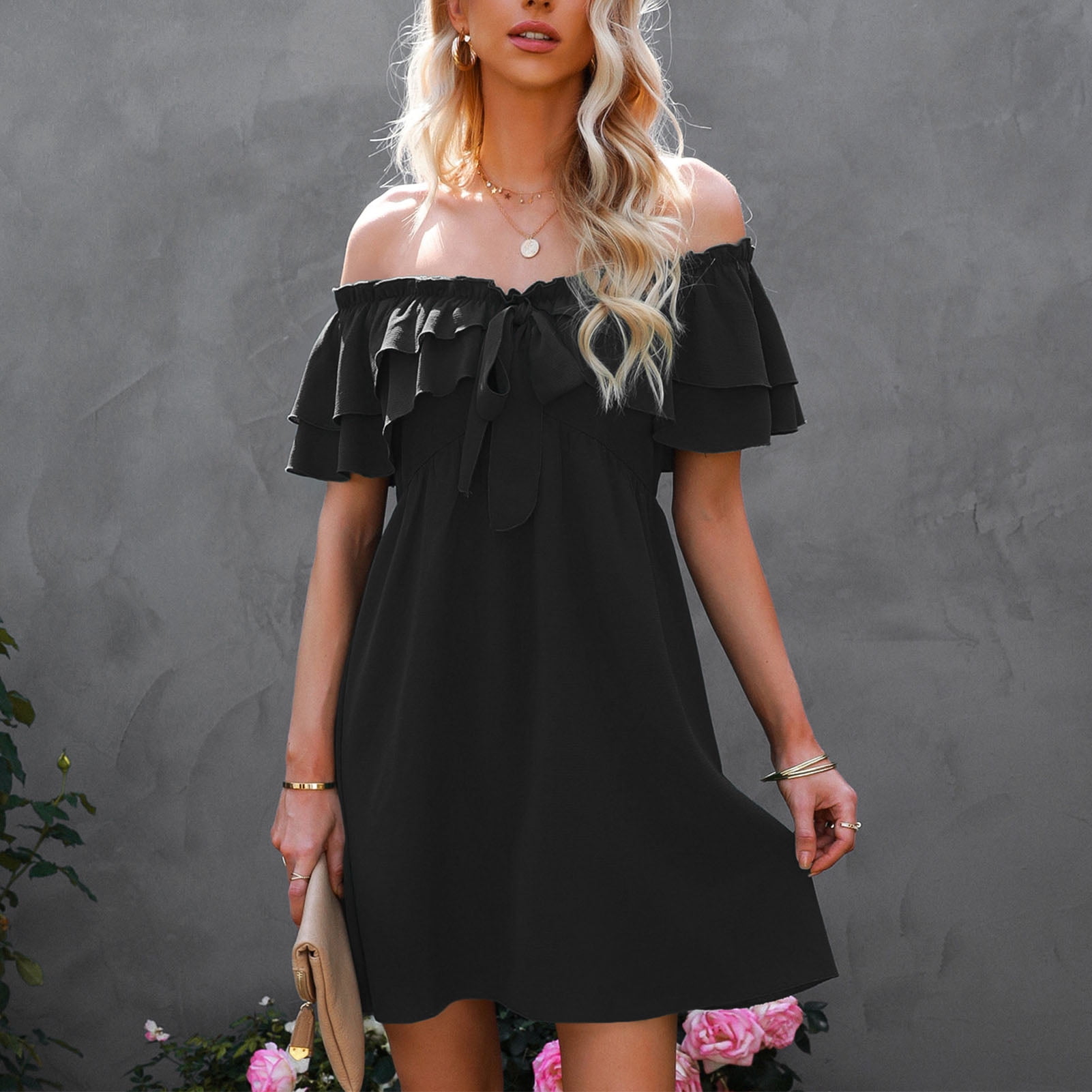 Women Off Shoulder Dress, Casual Short Dress Ruffled High Waist Comfortable  For Party For Summer Black XL | Walmart Canada