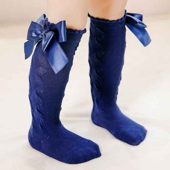 Baseball Socks Boy Girls Knee High Socks with Bows - Cotton School Uniform Long Socks Running Socks Girls Navy 18M