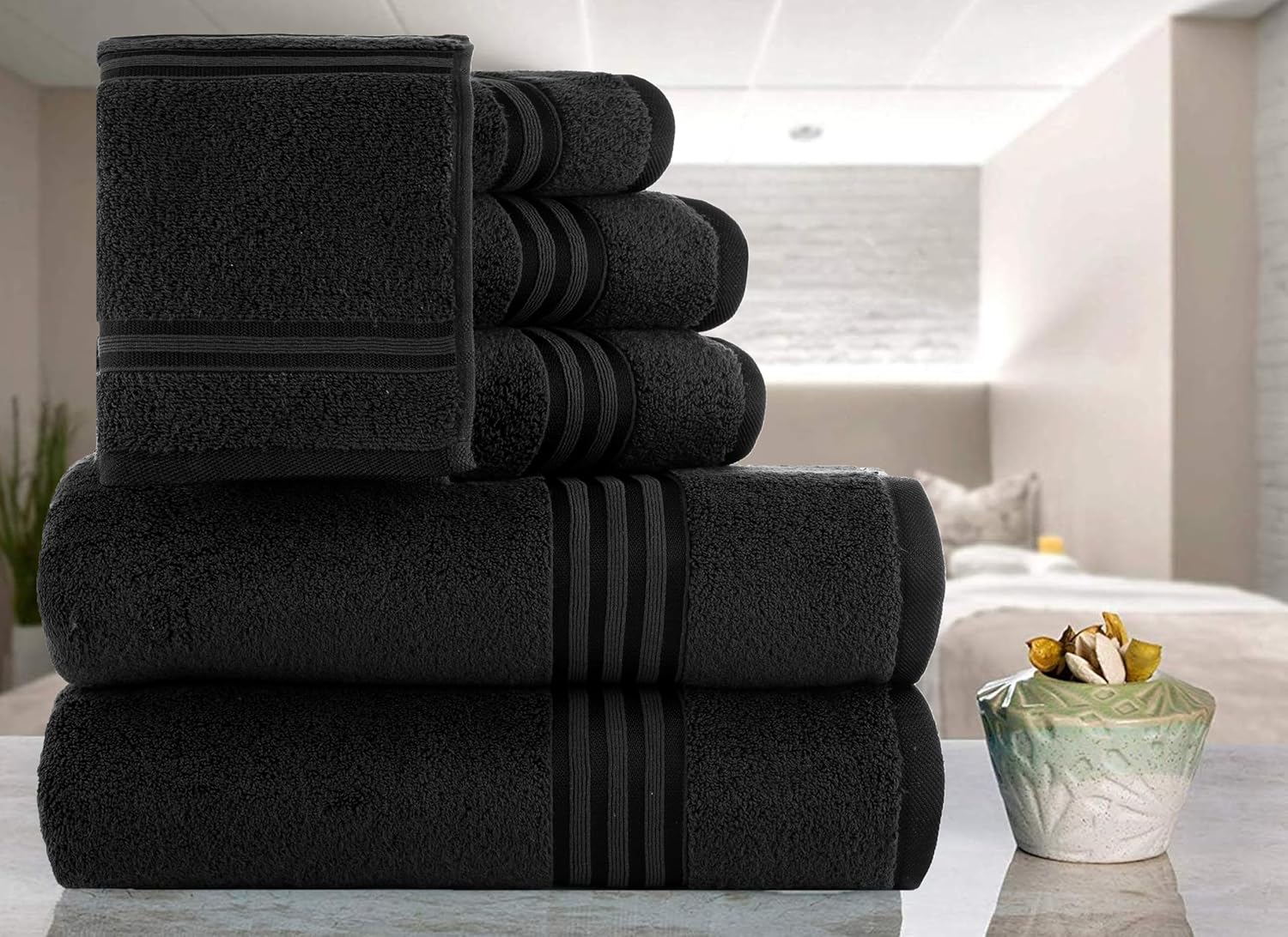 Casa Copenhagen Zero Twist, 6Pieces 100% Cotton Towel Set- Black, 600 GSM, 2Bath, 2Hand, 2Washcloths made from Egyptian Cotton, Ultra Soft Luxury Towels for Hotel Spa Kitchen Bathroom & Shower