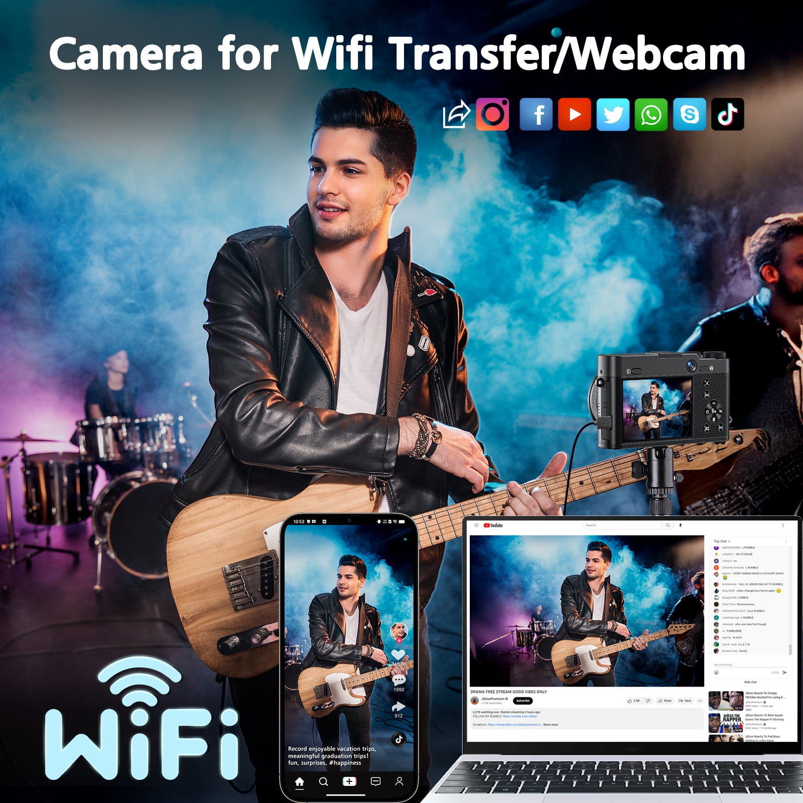 5K Digital Camera,64MP Vlogging Camera, Rear and Front Cameras for Photography and Video, Autofocus & Anti-Shake, Travel Selfie for YouTube with Flash Dial 64GB Card