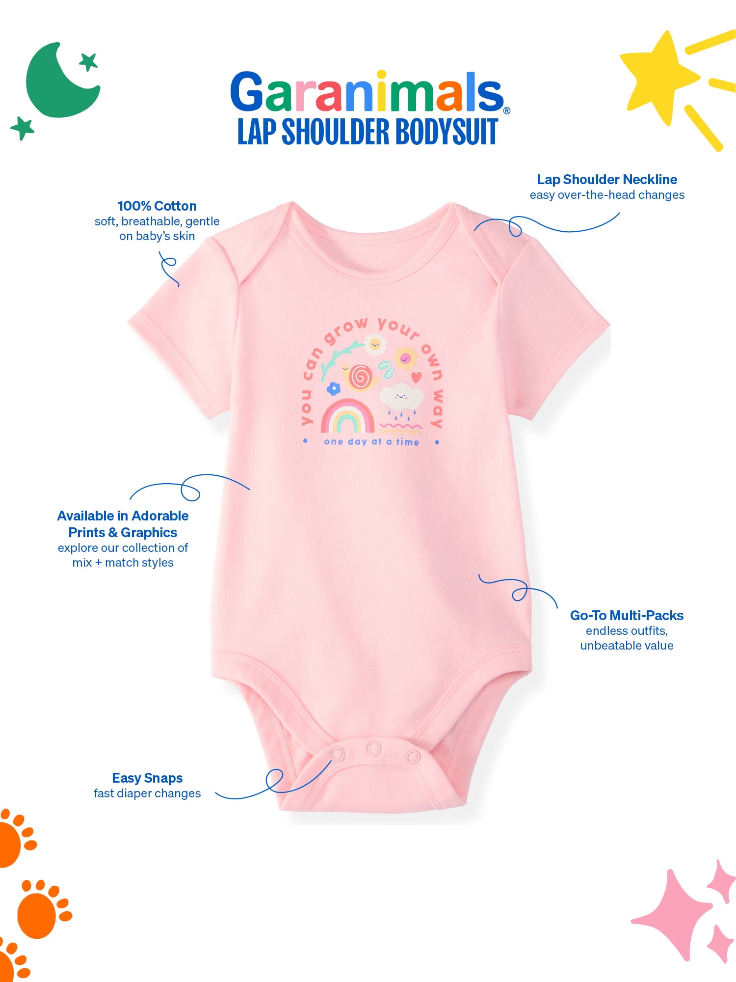 Garanimals Newborn & Baby Girl Cotton Lap-Shoulder Short-Sleeve Bodysuits, 4-Pack, Sizes 0–24M