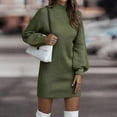 thumbnail image 5 of Stichou Womens Sweater Dress Knitted Long Sleeve Casual Pleated Plain Dress Fall Winter Fashion Mock Neck Midi Dress Army Green 2XL, 5 of 9