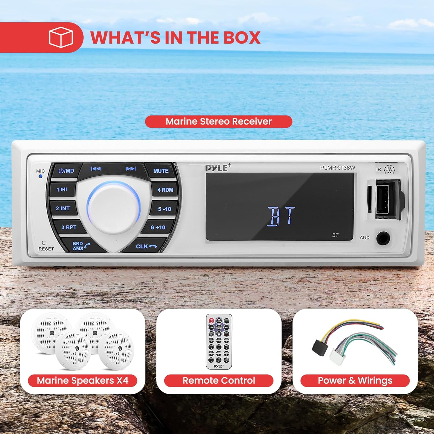 Pyle 300W Bluetooth Marine Stereo Receiver & Speaker System Kit, 4x 6.5” Waterproof Speakers (White)