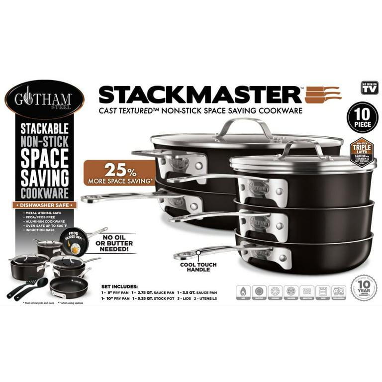 Gotham Steel Stackmaster Pots & Pans Set – Stackable 10 Piece Cookware Set  Saves 30% Space, Ultra Nonstick Cast Texture Coating, Includes Fry Pans