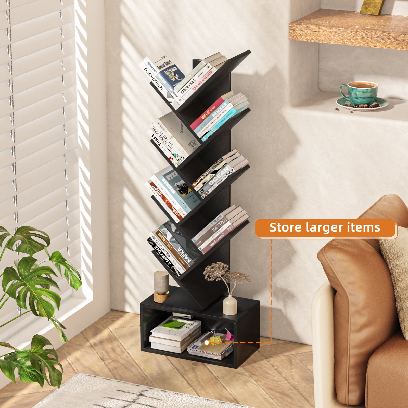 Modern Tree Bookshelf 8 Tier Zigzag Bookcase with Drawer, Vertical Storage Shelf for Books & Décor, Space-Saving Design, Black