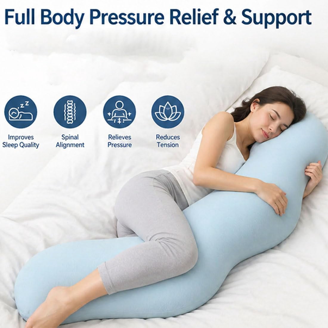 JEBTBFZE Pea Pod Body Pillow for Side Sleepers, S-Shaped Cooling Full Body Support Hug Pillow with Removable Cover (Grey, 110cm)