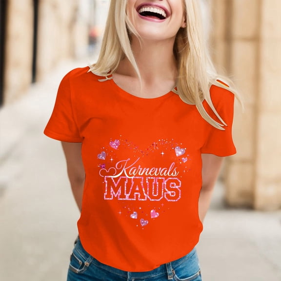 Graphic Tees for Women Carnival Graphic Print Short Sleeve T Shirt for Everyday Comfort and Versatile Style in Women's Tops Orange M